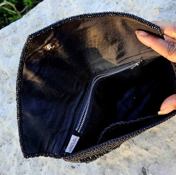 Black hand beaded Vintage 1950s Hong Kong handbag clutch purse some bead missing - Picture 6 of 12